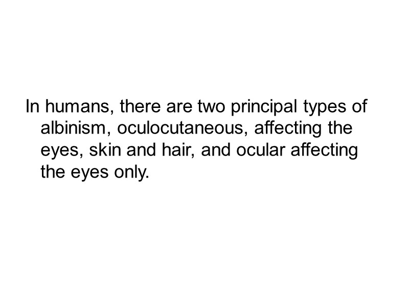 In humans, there are two principal types of albinism, oculocutaneous, affecting the eyes, skin